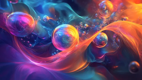 Nebula spheres drift through molten ribbons of prismatic light.