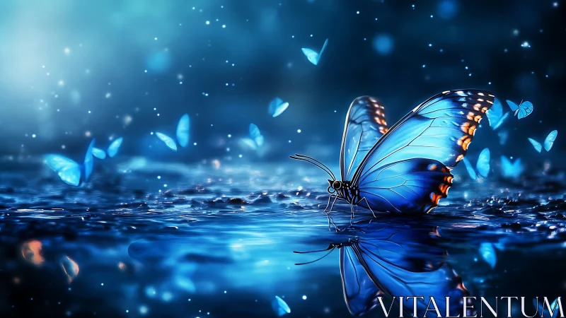 Blue butterfly resting on reflective water in glowing night.
