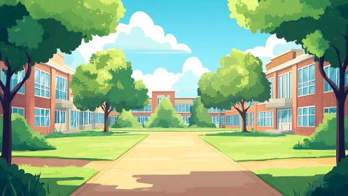 Tree-lined courtyard between modern brick school buildings.