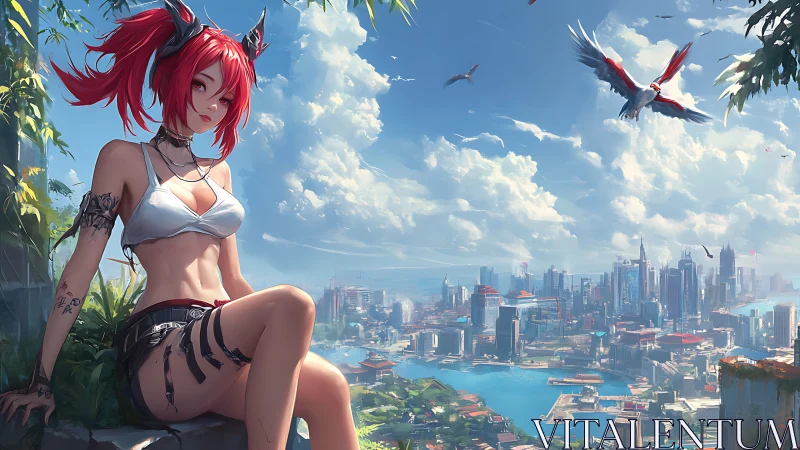 Anime rooftop sentinel overlooking luminous coastal megacity.