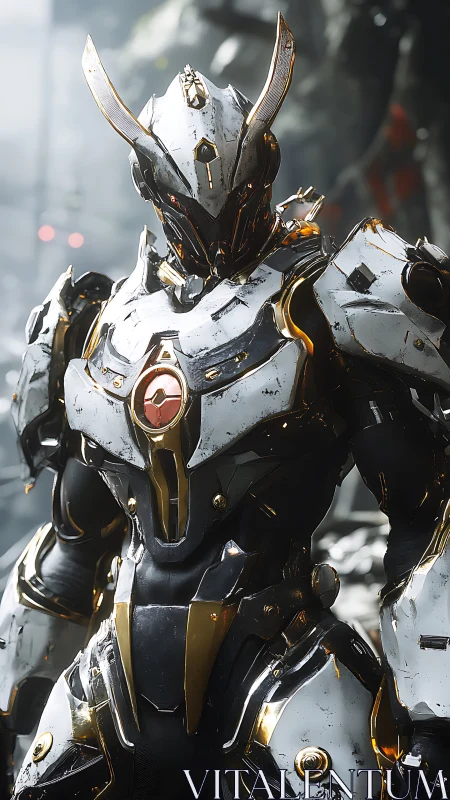 Armored humanoid mech stands in reflective white exosuit