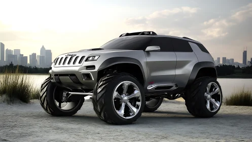 Lifted silver Jeep concept SUV near modern city skyline.