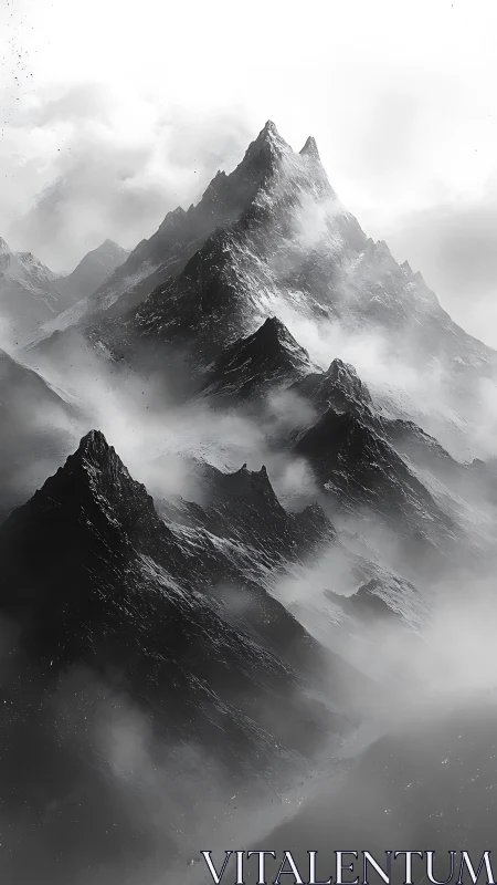 Misty mountain peaks rising through soft swirling clouds.