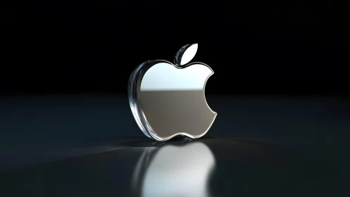 Sleek metallic apple logo on reflective surface, digital 3D render.