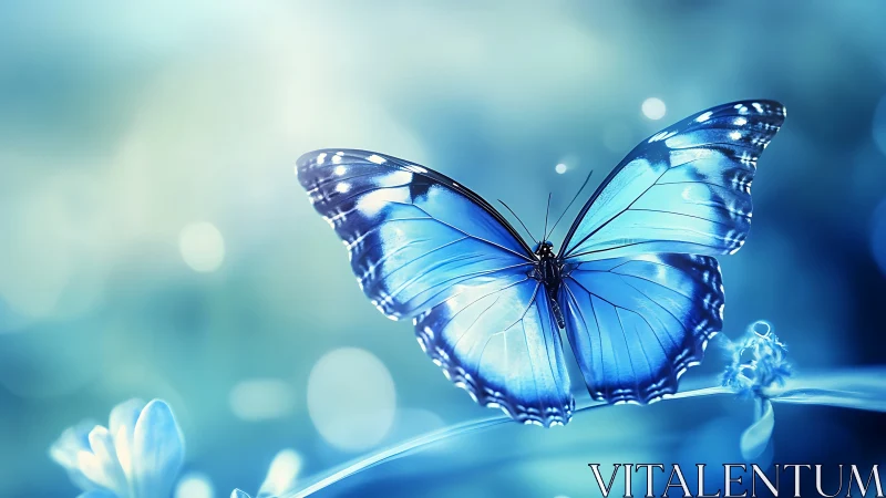 Blue butterfly wings spread over soft bokeh meadow background.