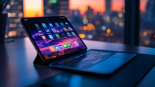 Hybrid tablet-laptop device glows against defocused cityscape