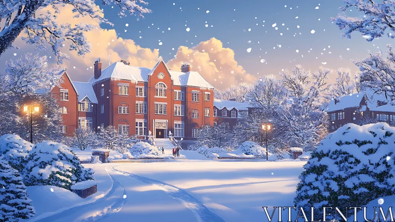 Red brick academic building in snow covered campus quad.