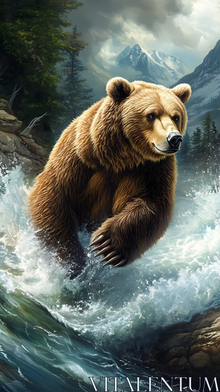 Majestic brown bear bounding through wild mountain river.
