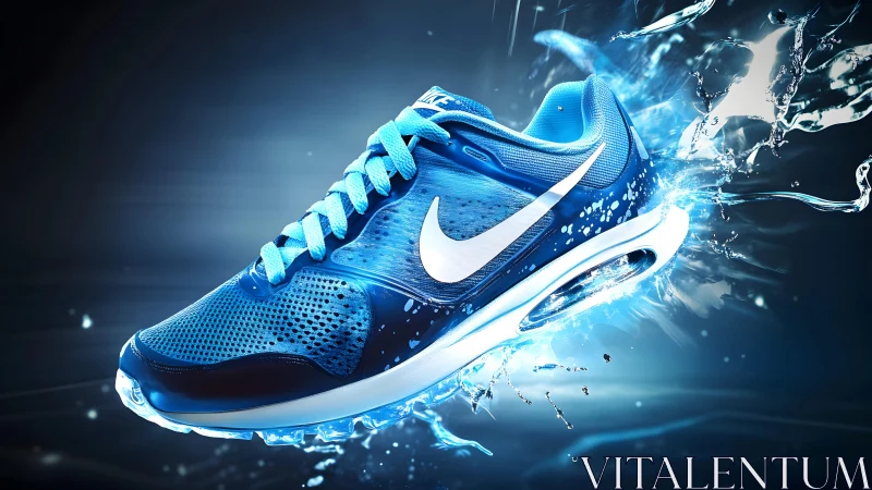 Dynamic blue running shoe in splash effect, modern digital art.