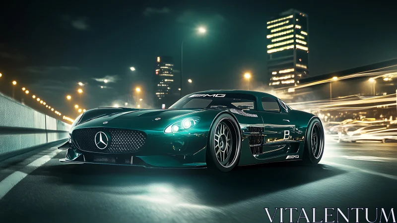 Midnight green supercar prowls a neon slicked city highway.