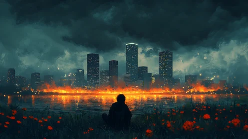 Lone figure watching burning city skyline across river.