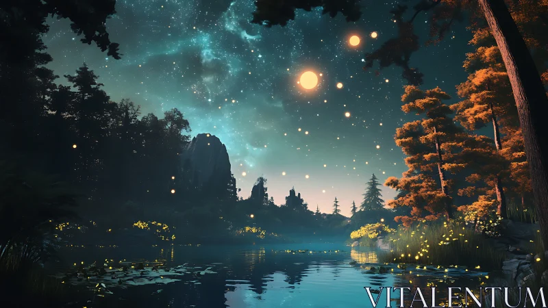 Fantasy forest lake under multi-moon star-filled night sky