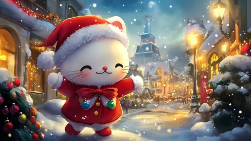 Snowlit kitten Santa parades through a storybook winter lane