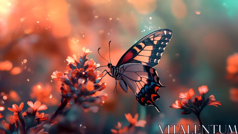 Macro study of butterfly on florals in bokeh dusk light