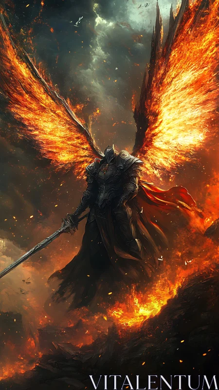 Armored seraph warrior with incandescent fire wings in battle