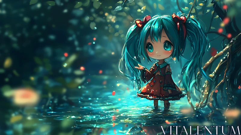 Tiny forest dreamer standing in a pool of starlit water.