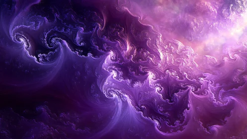 Nebulous violet fractal waves flow through cosmic light.