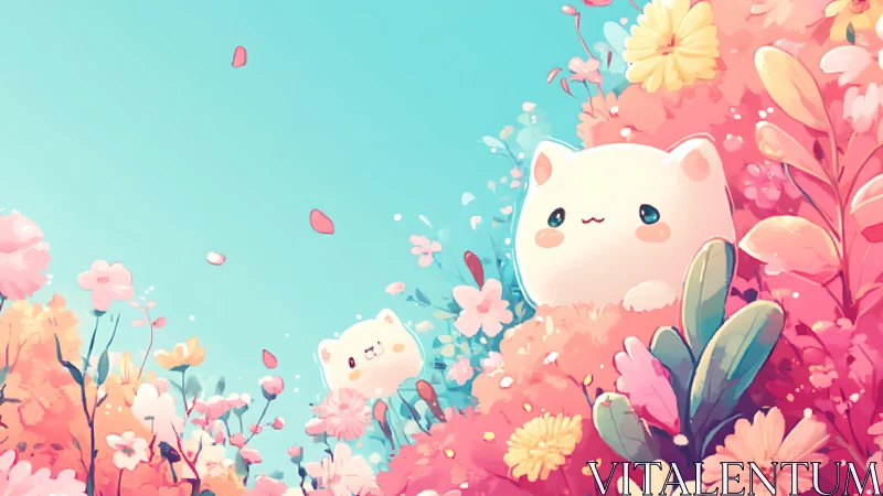 Kawaii Cats Bloom in Floral Paradise Garden.