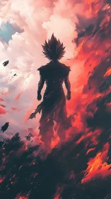 Silhouetted warrior strides between stormfire and calm sky