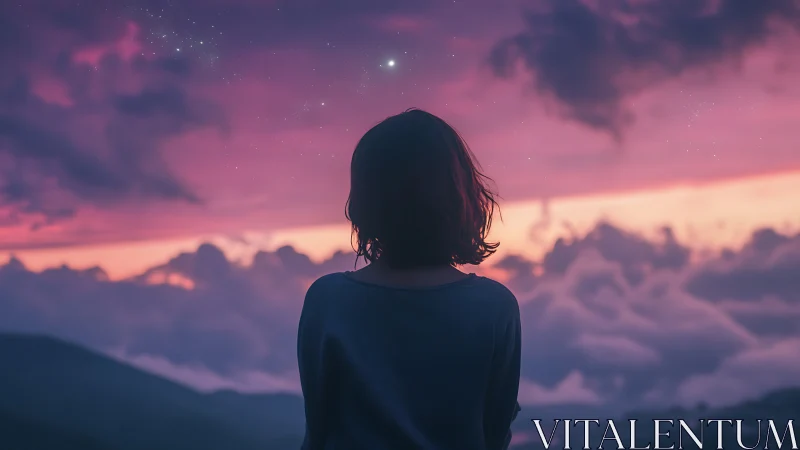 Silhouette person observes violet and pink dusk sky