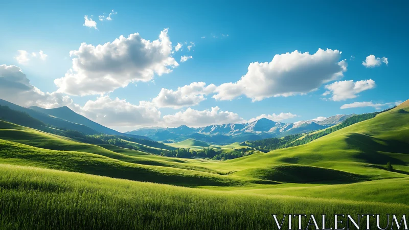 Rolling green hills under clear sky and distant mountains.