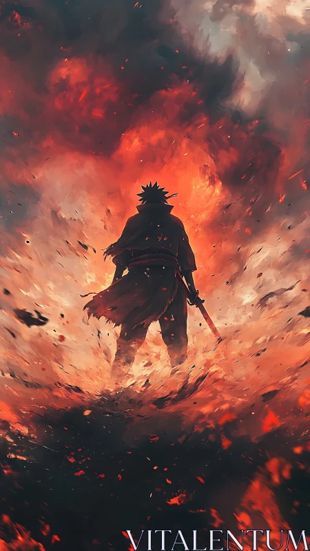 Silhouetted swordsman strides through infernal storm of fire.