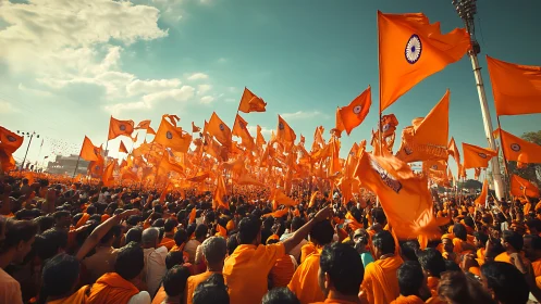 Orange flags roar skyward while a sunlit crowd becomes sea