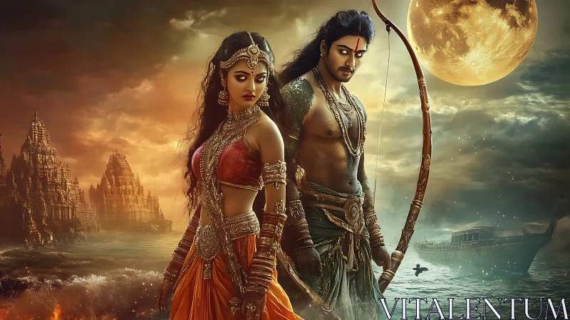 Mythic warrior couple framed by lunar-lit oceanic temple skyline