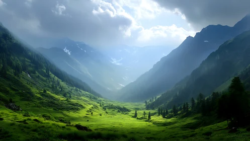 Backlit alpine valley captures atmospheric depth and scale