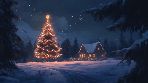 Winter night lets a glowing Christmas tree guide you home