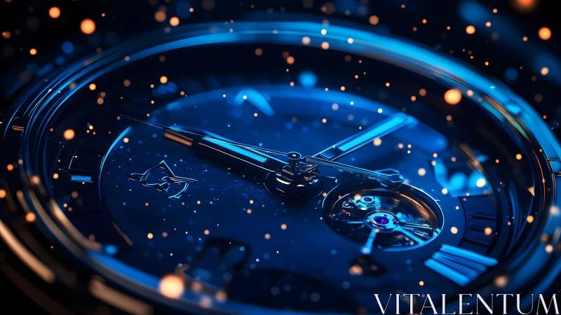 Elegant luxury watch face in dramatic blue lighting, macro style.