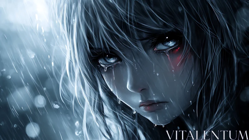 Close-up anime portrait of wet face in heavy rainfall.