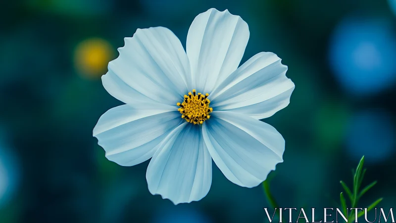 Pale Blue Cosmos Blossom Against Deep Teal Background.