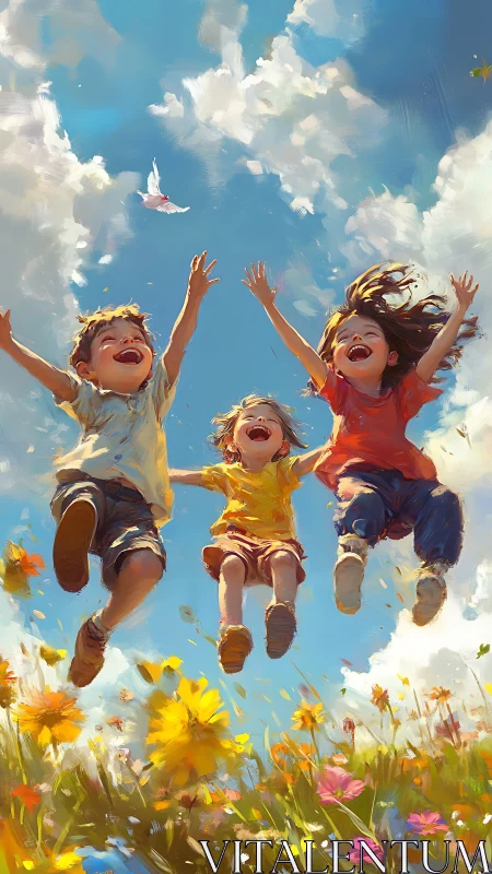 Three Children Jumping in Sunflower Field Under Blue Sky