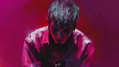 Neon-lit portrait of brooding figure in saturated magenta haze.