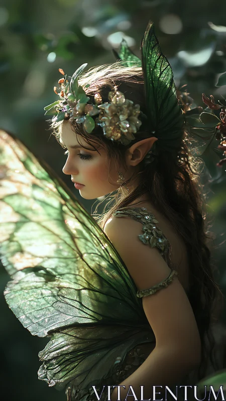 Green winged forest fairy girl in soft side profile view.