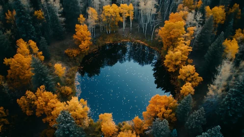 Autumn forest pond reflects sky within circular tree ring