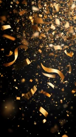 Golden metallic confetti cascades dynamically on dark background