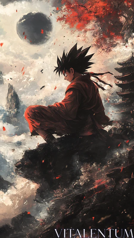 Spiky haired warrior sits on cliff edge above storm clouds