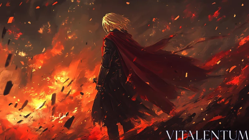 Crimson-cloaked warrior surveying incandescent battlefield aftermath.