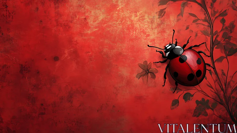 Ladybug on stylized foliage against textured red ground