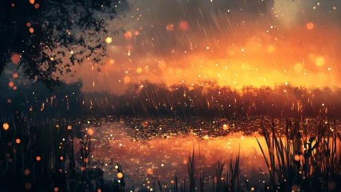 Rainlit lake reflects blazing sunset across distant treeline