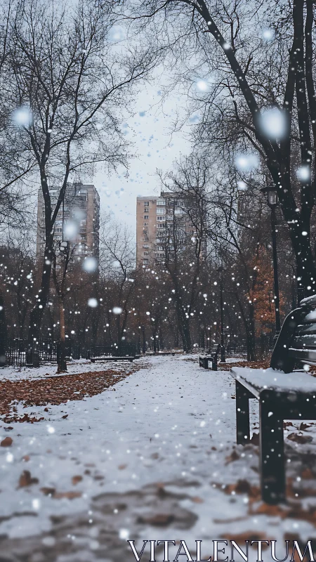 Gentle snowfall drifting through a quiet cityside park path.