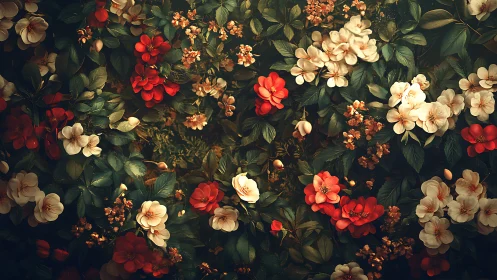 Dense floral arrangement displaying red, cream, and orange flowers against dark background