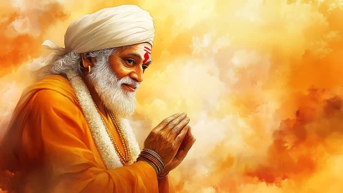 Elderly spiritual man in orange robe against glowing sky.