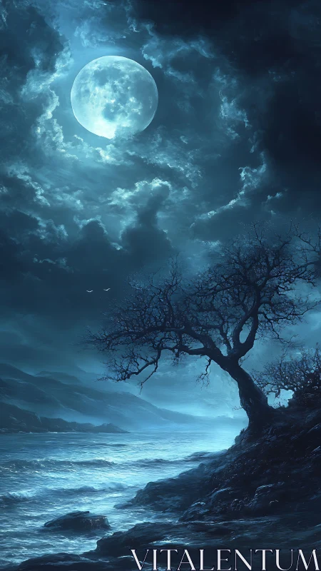 Moonlit shoreline with twisted tree under storm clouds