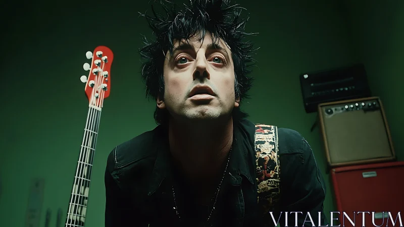 Rock guitarist in green studio with amp and guitar.