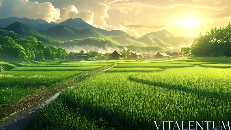 Golden village sunrise over lush mountain rice fields.