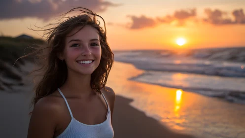 Backlit beach portrait with shallow depth and warm sunset bokeh