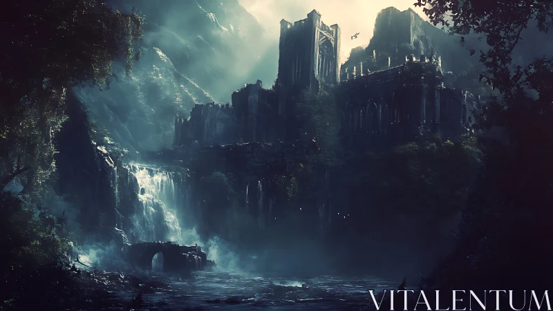 Ruined gothic fortress above misty river and falls.